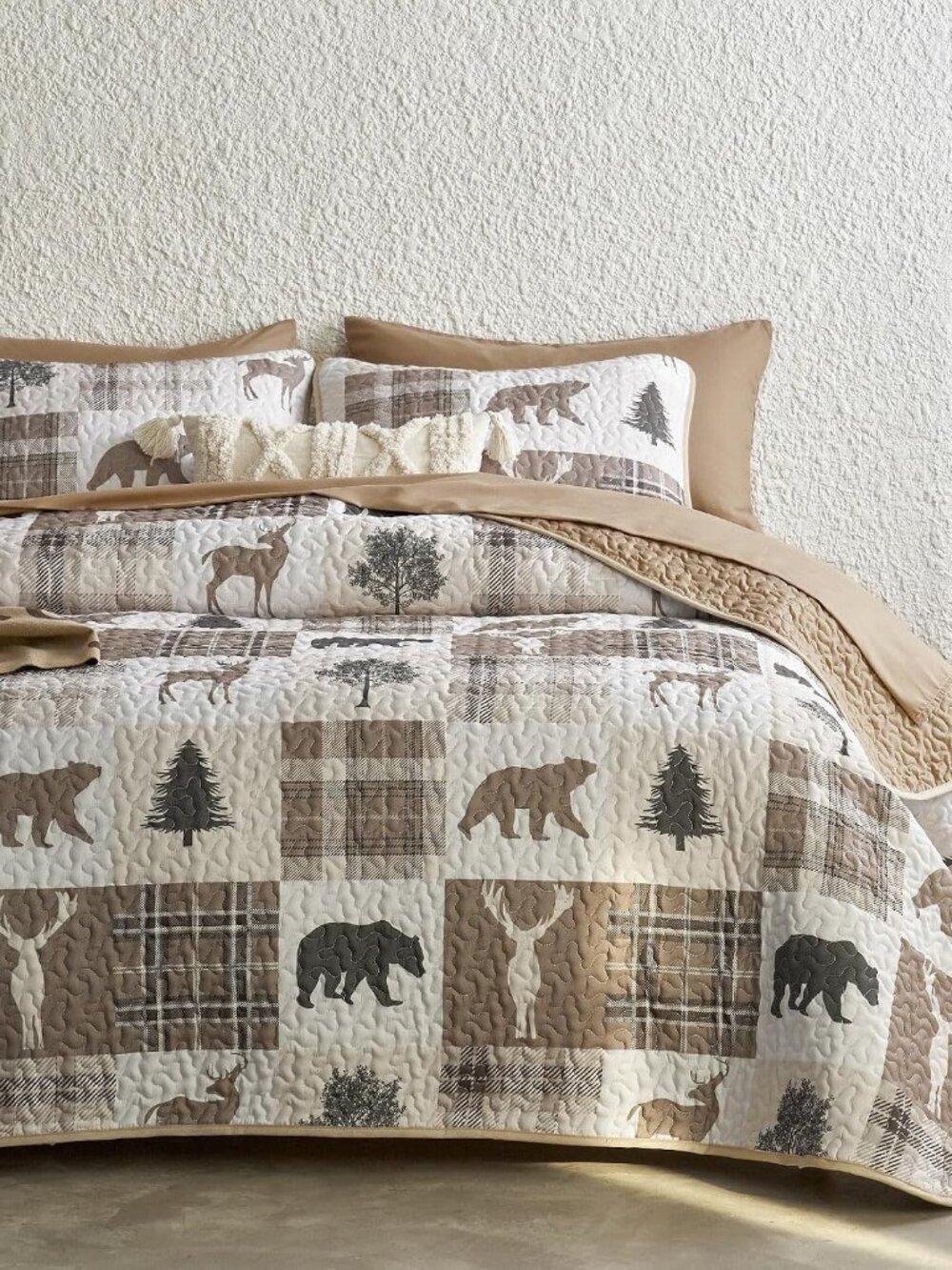 Rustic Quilt Set, Cabin Lodge Christmas Bear Moose Deer Wildlife Western Patchwo